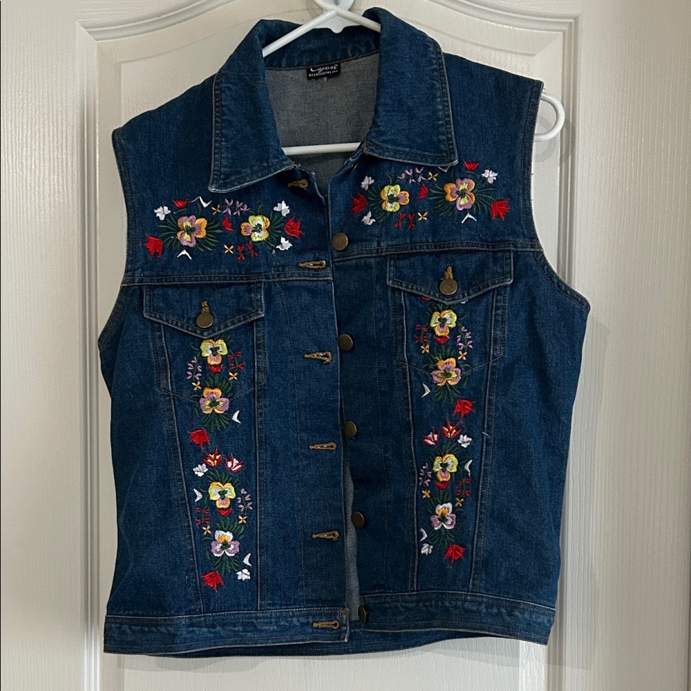 Cejon Blue Denim Vest with Floral Embroidery